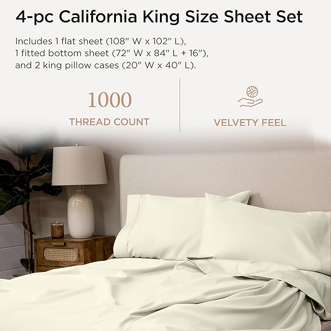Threadmill Certified 100% American Supima Cotton Sheets, California King Sheet, 1000 Thread Count Hotel Quality Sateen Weave, 4 Pc Luxury Bed Sheet Set, Ivory Sheets with Elasticized Deep Pocket
