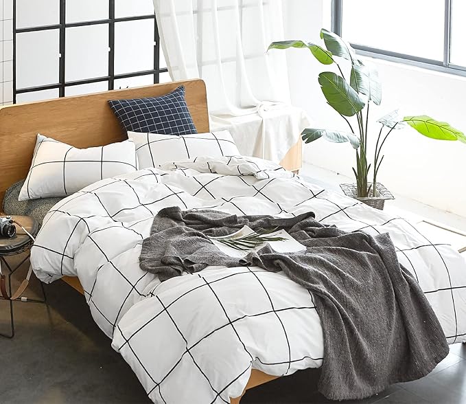 KAREVER White Grid Comforter Set Bedding Set Cal King White Black Plaid Printed Stripes Women 3 PCs Checkered Bed Set