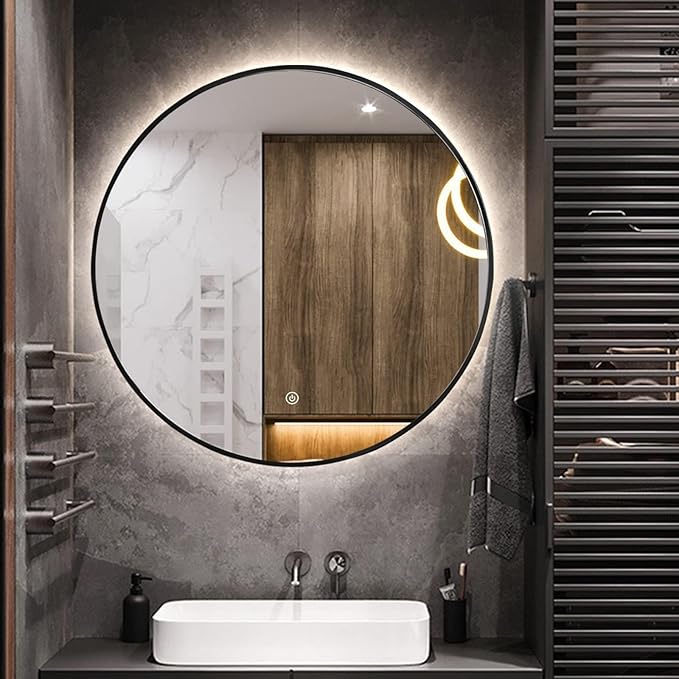 Niccy 24" LED Backlit Round Mirror for Bathroom, Black Framed Vanity Light Wall Mirror LED Smart Circle Mirrors with 3 Lighting Colors, Dimmable Lighted Mirror with Anti-Fog, IP66 Waterproof