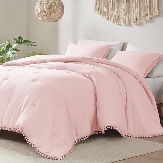 Codi Blush Twin Comforter Set for Girls - Boho Aesthetic Pom Fringe Design Cute Bedding, Soft Washed Microfiber Blush Bed Sets, Lightweight Chic,1 Comforter & 1 Pillowcase