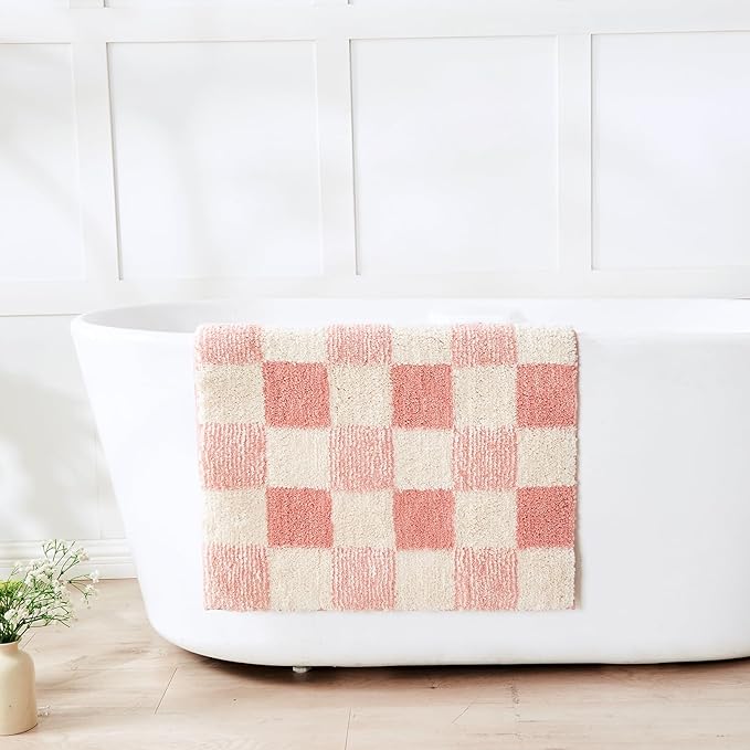 CozeCube Bath mats for Bathroom Non Slip, Fluffy Absorbent Microfiber Bath mat Washable, Aesthetic Bathroom Rugs, Cute Blossom Pink Checkered Bath mat, Blossom Pink, 32" x 20"