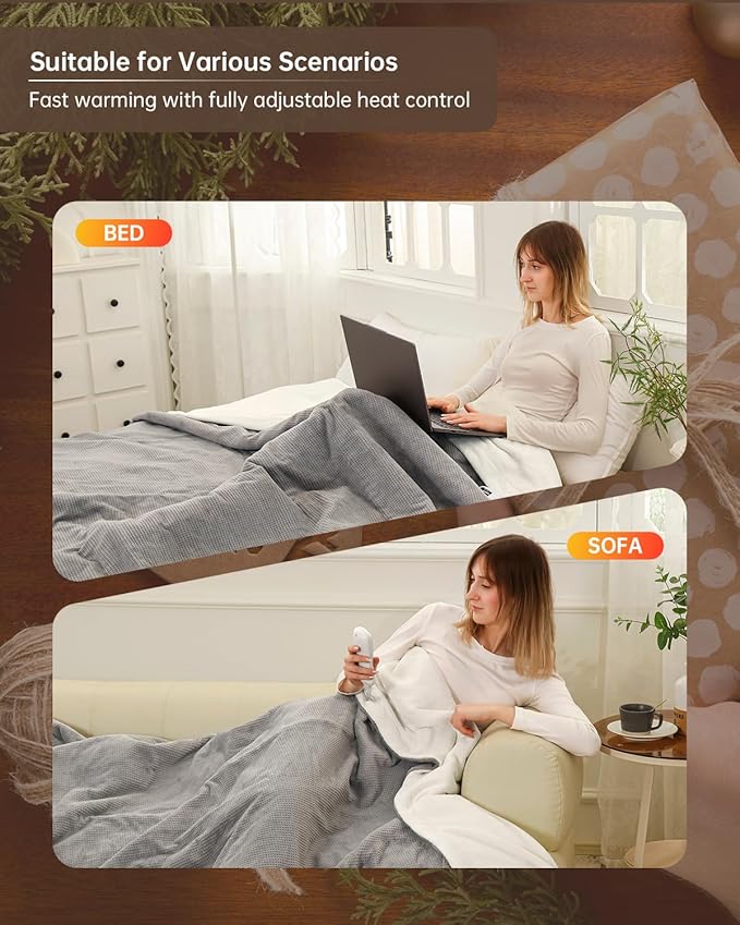 Electric Heated Blanket Queen Size, Washable Blanket Warmer with Dual Control for Home for Adults, Super Cozy Soft Fabric, 84" x 90", 9 Heat Levels, 1-9H Auto-Off, ETL Certified, Gray