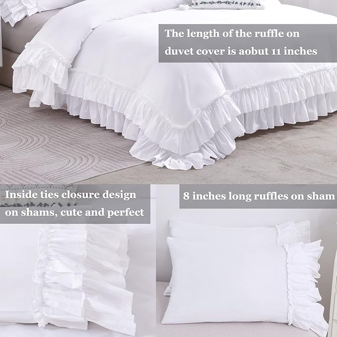 QSH Ruffle White Duvet Cover Queen Size -Washed Cotton Shabby Farmhouse Ruffled Bedding Comforter Cover 3 pcs Aesthetic French Country Queen Duvet Cover Cotton Extra Soft and Breathable