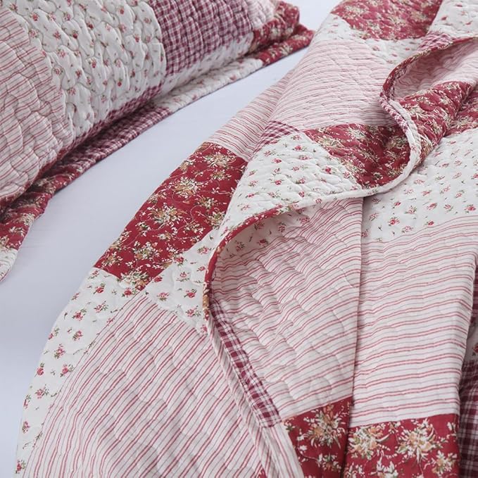 ENASAL Cotton Bedspread Quilt Bedding Sets Reversible Coverlet Sets Comforters Plaid Floral Red White Patchwork Pattern Bedspread for All Season, Queen Size