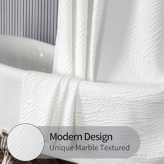MitoVilla White Modern Small Stall Shower Curtain 36 x 72, Farmhouse Narrow Half Size Shower Curtains for Bathroom Decor, 3D Waves Embossed Marble Textured Cloth Shower Curtain 36 inch