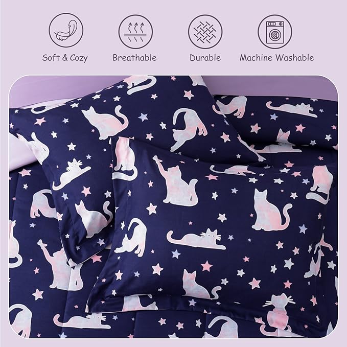 Twin Comforter Set for Girls -3 Pieces Cute Cat Twin XL Bedding Set with 1 Comforter, 1 Decor Pillow, 1 Pillow Sham