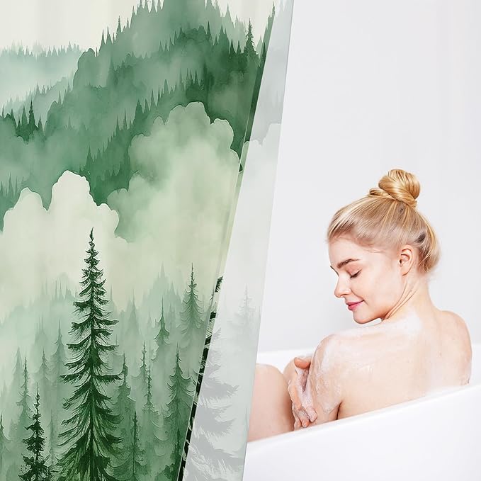Green Long Misty Pine Forest Shower Curtain 72 x 78, Mountain Foggy Woodland Scenery Tree 78 Inch Long Shower Curtains for Bathroom, Abstract Waterproof Nature-Themed Decor