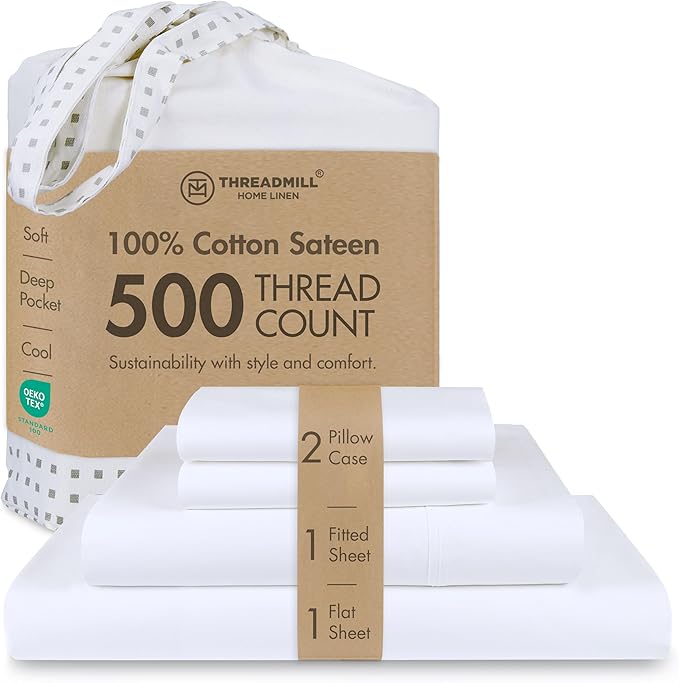 Threadmill - White King Sheets Set, Soft 100% Cotton Cooling Sheets Deep Pockets Snug Fit Elastic, 500 Thread Count, 4-Pc Bedsheet Set, Beats Egyptian Cotton Claim (Solid - Pure White)