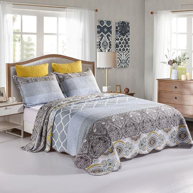 YAYIDAY Oversized Queen Quilt Set Patchwork Bedspread (110x118 Inch) - 100% Cotton Reversible Breathable Grey Quilted Coverlet with Pillow Shams Fit All Seasons