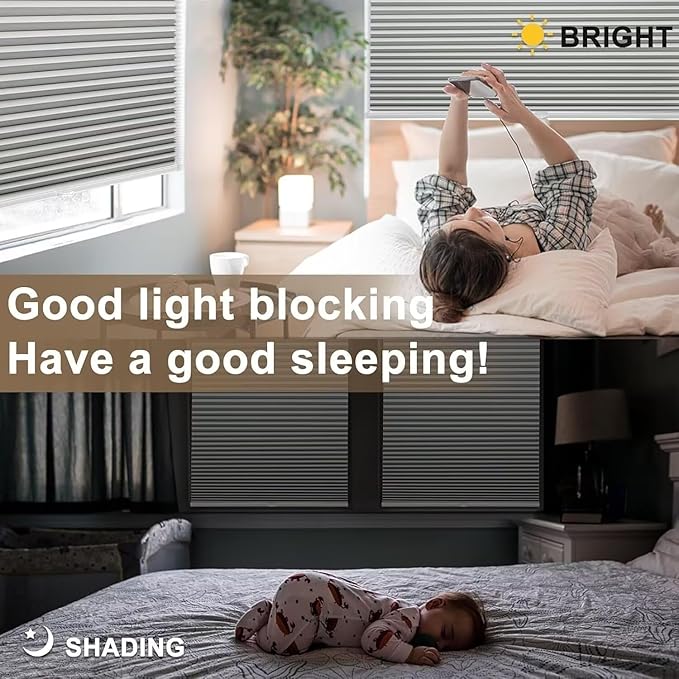 MYshade 1.5-Inch Cellular Cordless Blackout Shades,Thermal Insulating Noise Reducing Waterproof Blinds,Honeycomb Window Treatments for Indoor Light Control (Grey-25 W x 64" H)