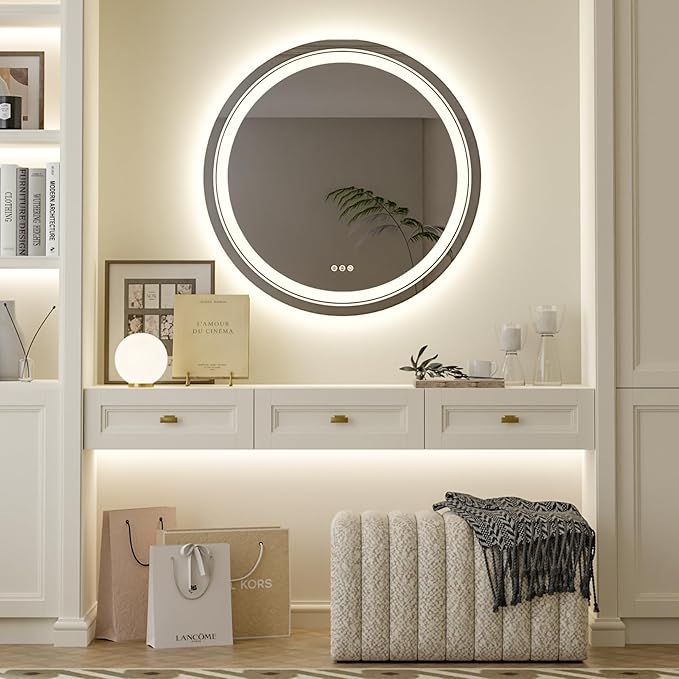 LUVODI Lighted LED Bathroom Mirror: 32” Circle Wall Mounted Large Lighted Makeup Mirror with Backlit and Front Light - Illuminated Dimmable 3 colors Vanity Mirrors with Demister Pad Smart Touch Switch