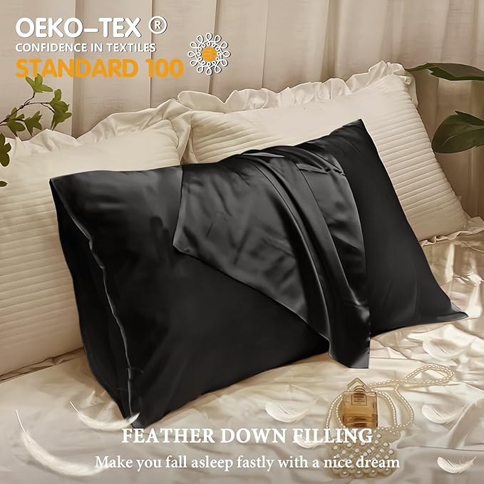 BHZ Satin Goose Down Feather Pillows Queen Size with Black Satin Pillowcase for Hair and Skin, Cooling Pillow Cases Similar to Silk Pillow Cases, Decorative for Women, Mom Men