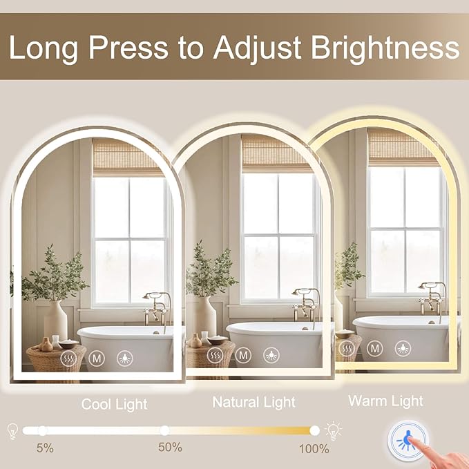 LED Bathroom Mirrors with Lights 30"x40" Arched Mirror for Wall,Led Vanity Mirror, Anti-Fog,LED Mirrors with Front Light and Backlit, Anti-Fog, Dimmable, 3 Color, Shatterproof, Touch Sensor