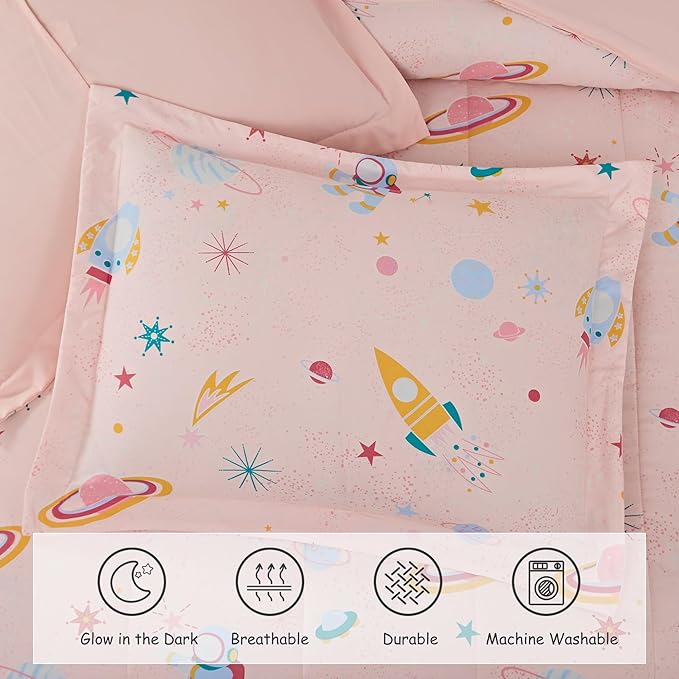 Twin Comforter Set for Girls-3 Pieces Space Glow in The Dark Twin Bedding Sets for Kids,1 Comforter,1 Sham and 1 Decor Pillow