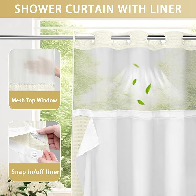 YellyHommy No Hook Shower Curtain with Snap in Liner Set Less Time Cream Waffle Shower Curtain for Bathroom 75" L x 72" W