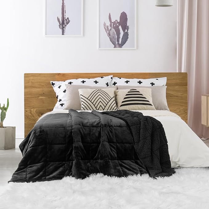 Sivio Sherpa Fleece Weighted Blanket for Adult, 15lbs Heavy Fuzzy Throw Blanket with Soft Plush Flannel, Reversible Twin-Size Super Soft Extra Warm Cozy Fluffy Blanket, 48x72 Inch Dual Sided Black