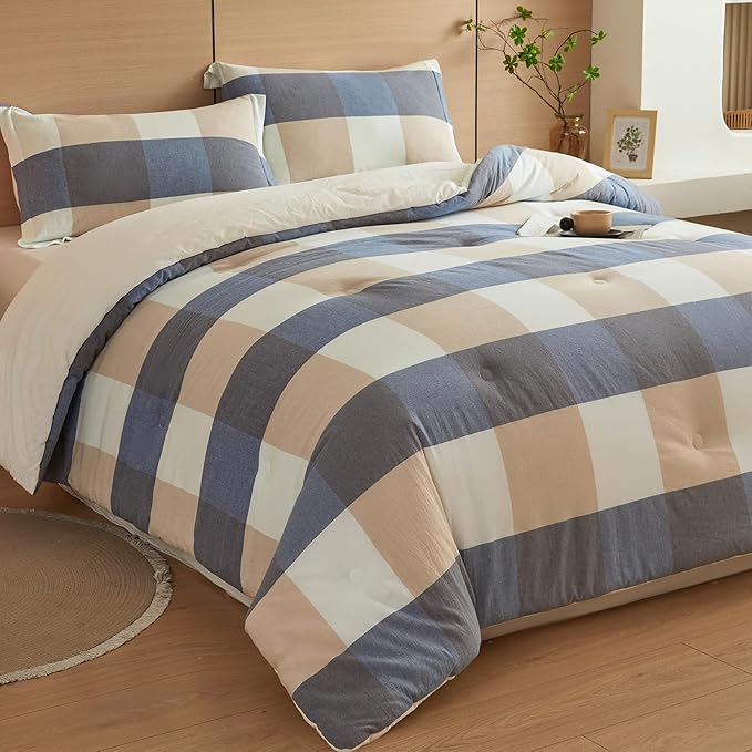 100% Cotton Comforter Set Full Size – Reversible Yarn-Dyed Checkered Design, Soft Washed Cotton on Both Sides, Lightweight All-Season Bedding, Machine Washable(Blue White Plaid, 80”x90”)