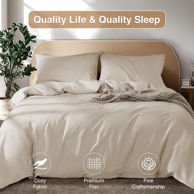 SONORO KATE 100% French Linen Duvet Cover Queen Size, Soft Breathable for Hot Sleepers, Moisture Wicking & Durable Cover Set - Zipper Closure & 4 Corner Ties Duvet Covers 3 Piece (Linen,Queen)