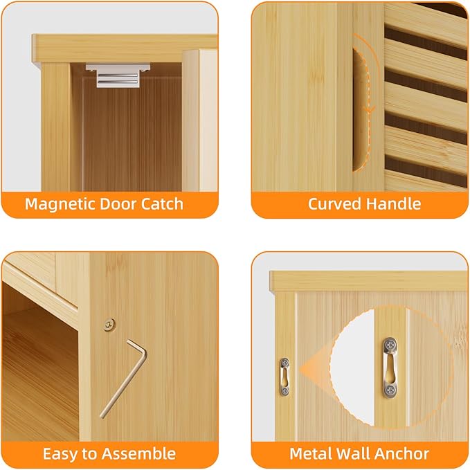 HITNET Bathroom Wall Cabinet, Medicine Cabinet Over The Toilet, Bamboo Hanging Storage Organizer with Single Door and Open Bottom Shelf, for Kitchen Living Room, Natural