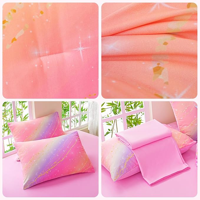 Rainbow Bedding Set Queen Size – 6-Piece Reversible Girls Comforter with Deep-Pocket Sheet, Gradient Galaxy Design, Whole-Piece Filling, Machine Washable Bed-in-a-Bag for Kids Room Makeover & Gifts