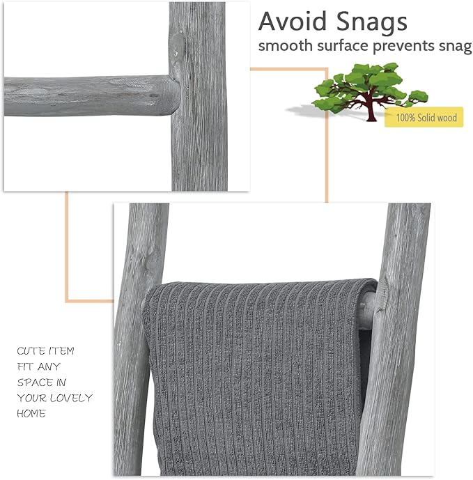 FUIN Fully Assembled 57in Wood Blanket Ladder Living Room Decorative Wall Leaning Farmhouse Quilt Display Holder Rustic Wooden Towel Rack for Bathroom, Light Gray & Whitewashed