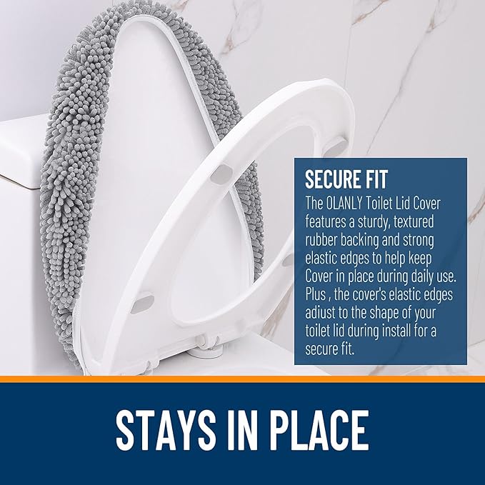 OLANLY Soft Chenille Bathroom Toilet Lid Cover, Machine Washable Seat Covers, 17.5x15, Stays in Place Rubber Backing, Fits Most Round, Elongated and Oblong Lids, Accessories Decor, Gray