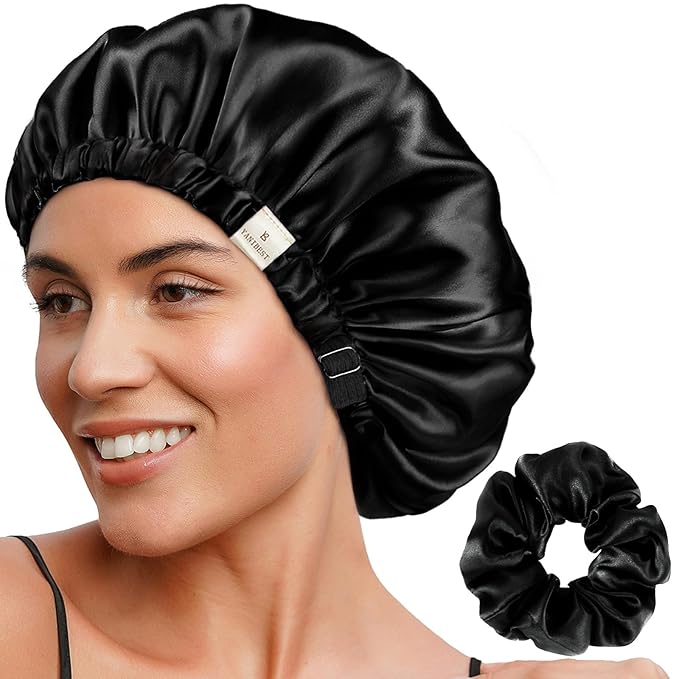 YANIBEST Adjustable Silk Bonnet Double Layer Satin Bonnet Hair Bonnet for Sleeping Bonnets for Women Hats Curly Natural Hair, Black