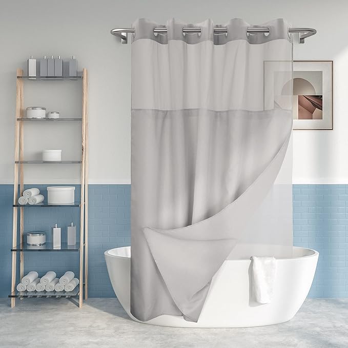 River Dream Extra Long No Hook Slub Textured Shower Curtain with Snap-in PEVA Liner Set - 71" x 86"(84"), Hotel Style with See Through Top Window, Grey Fabric Curtain & Waterproof Liner, Gray, 71x86
