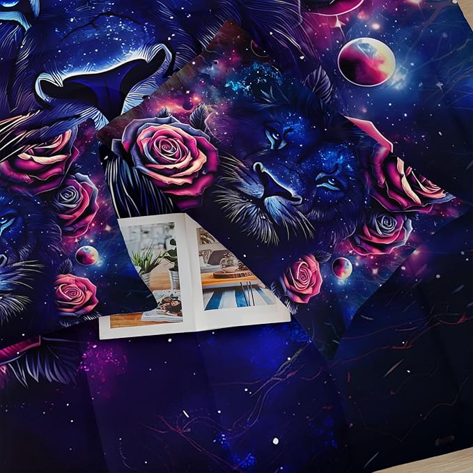 Black and Red Galaxy Roses Lion Comforter Set Full Size，Full Size Bedding Set Animal Print，Jungle Animal Bedroom Decor，with 1 Comforter with 2 Pillow Case
