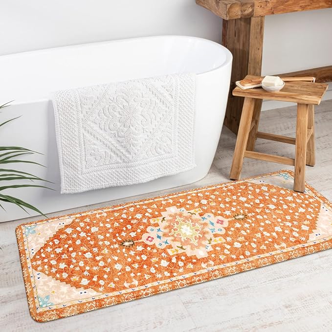 Uphome Boho Tribal Bathroom Runner Rug Orange Cute Floral Bath Mat Non-Slip Machine Washable Long Bathroom Rugs Soft Velvet Oriental Farmhouse Bath Rug for Sink Shower Doormat Tub, 18x47 inch