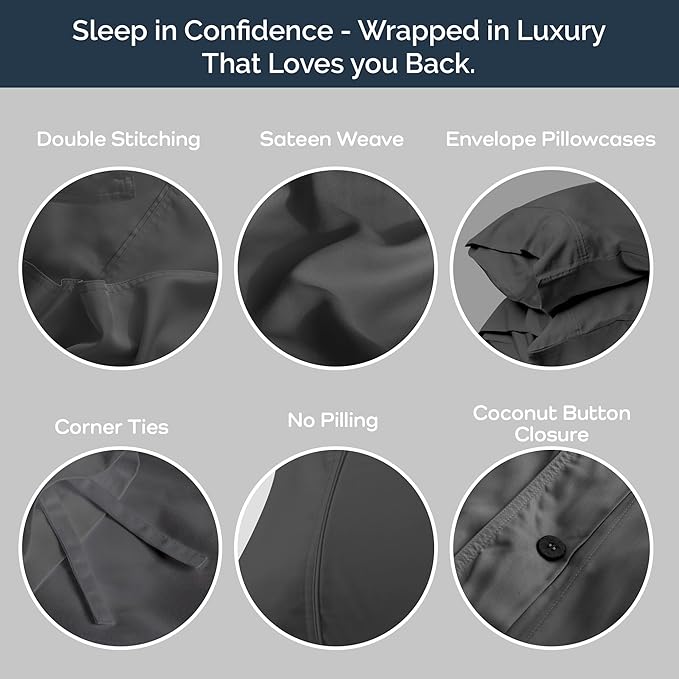 Olive + Crate Luxury 100% Lyocell Eucalyptus Duvet Cover Set Queen Size, Tencel 3PC Vegan Bedding Set, Super Soft Black Cooling Duvet Cover for Hot Sleepers & 2 Pillowcases, Charcoal (90" x 88")