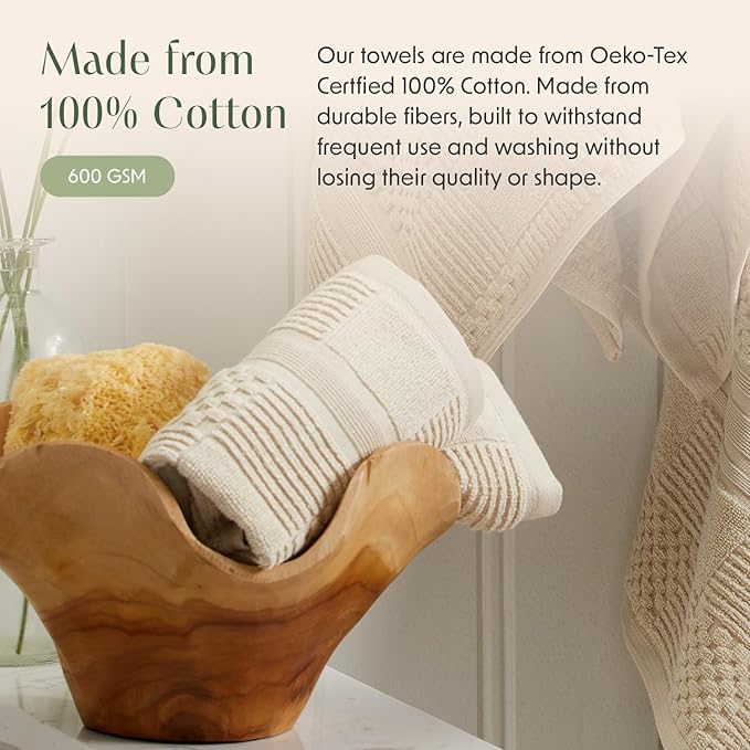 Springtree Home 100% Cotton Bathroom Towel Set | 6 Piece Set - Beige Towels | Geometric Textured Design | Absorbent & Quick-Dry | Oeko-TEX® Standard 100 Cotton | Myla Collection - Sandshell