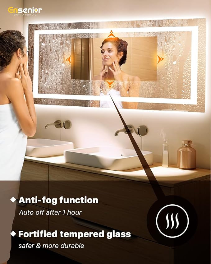 Ensenior LED Bathroom Mirror 72"x36" with Front and Backlight, Stepless Dimmable Wall Mirrors with Anti-Fog, Shatter-Proof, Memory, 3 Colors, Modern LED Vanity Mirror-ETL & FCC