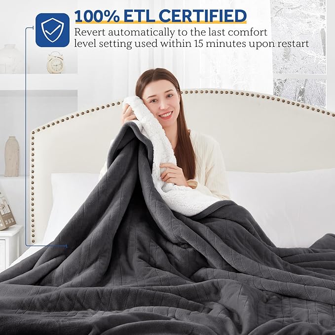 SEALY Electric Blanket King Size, Flannel & Sherpa Heated Blanket with 10 Heating Levels & 1-12 Hours Auto Shut Off, Fast Heating Blanket, Machine Washable, Grey, 100 x 90 Inch