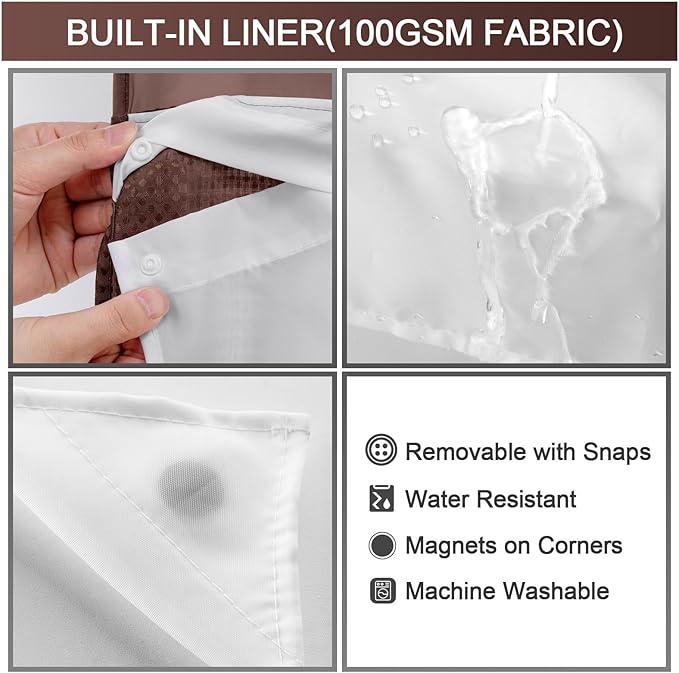 YellyHommy No Hook Shower Curtain with Snap in Liner Set Less Time Brown Waffle Shower Curtain for Bathroom 75" L x 72" W