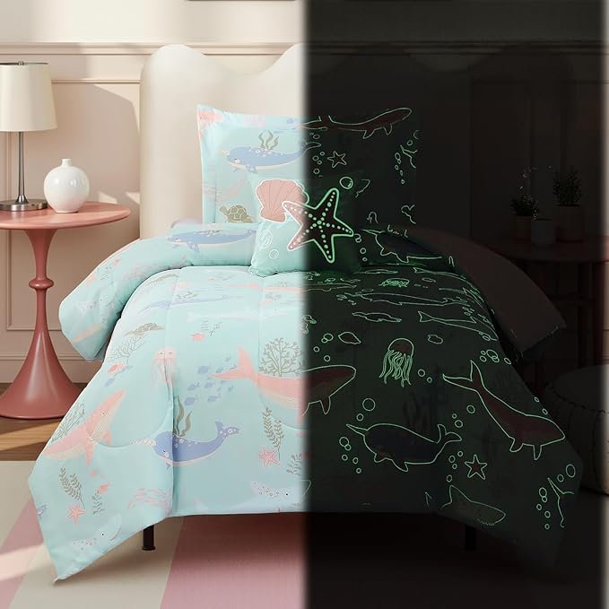 Twin Comforter Set for Girls Kids - 3 Pieces Ocean Animals Twin XL Bedding Set with 1 Comforter, 1 Decor Pillow & 1 Pillow Sham