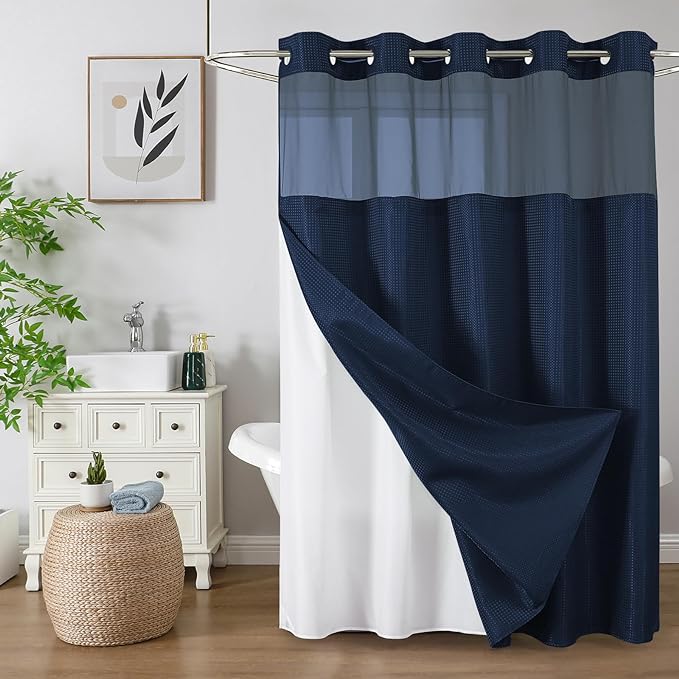 Colorful Star No Hook Shower Curtain with Snap in Fabric Liner, Waffle Weave Heavy Duty Thick Shower Curtains with Mesh Top Window, Hotel Style Waterproof Bathroom Curtain Set, 72 x 87 Inch, Navy Blue