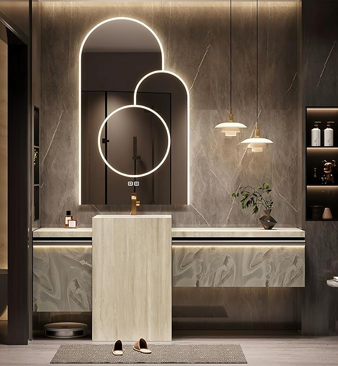 Single Sink Freestanding Bath Vanity, Modern Bath Vanity with LED Smart Mirror, 88IN Solid Wood Floating Bathroom Sink Cabinet with Marble Slate Top and Large Storage Drawer
