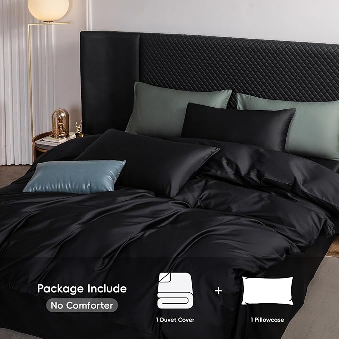 MooMee Duvet Cover Set 100% Extra Long Staple Cotton 600 Thread Count Silky Sateen Smooth Luxury Soft Breathable Durable Hotel Quality Bedding, 2 Pieces (Black,Twin 68"x90")