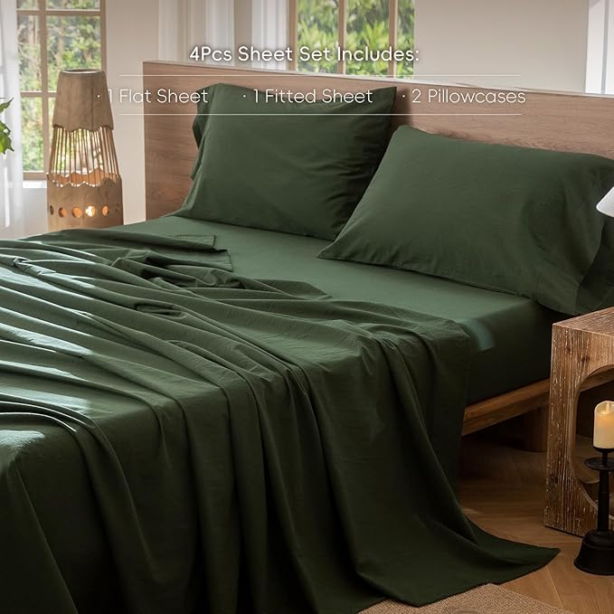 MooMee Bedding Sheet Set 100% Washed Cotton Linen Like Textured Breathable Durable Soft Comfy (Solid Forest Green, California King)