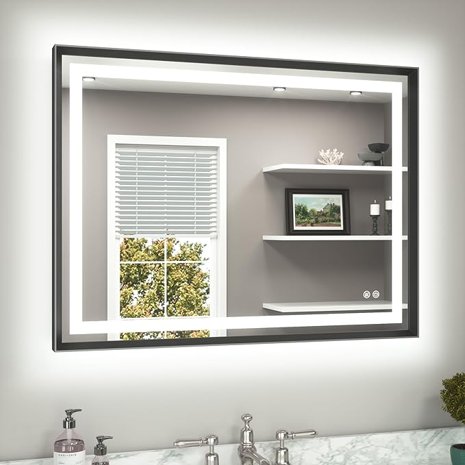 TETOTE 40 x 30 Bathroom Mirror Brushed Black Metal Frame Frontlit & Backlit Vanity Mirror 3 Colors White/Warm/Natural Stepless Dimmable Anti-Fog Bathroom Mirrors for Vanity Wall-Mounted
