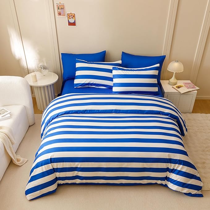 KAREVER Royal Blue White Stripes Comforter Set King Size Royal Blue White Stripes Bedding Set 3 PCs Comforter Set King Size Fluffy Linen Comforter Sets