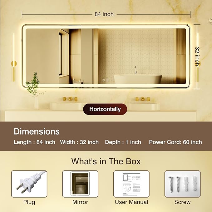 84''x32'' LED Mirror for Bathroom with Backlit + Frontlit, Large Lighted Vanity Mirror for Bathroom Wall with 3 Colors, Stepless Dimmable, Anti-Fog, Smart Bathroom Mirror with LED Lights