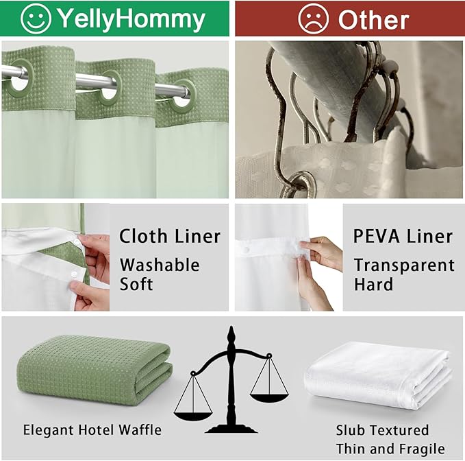 YellyHommy No Hook Shower Curtain with Snap in Liner Set Less Time Sage Green Waffle Shower Curtain for Bathroom 75" L x 72" W