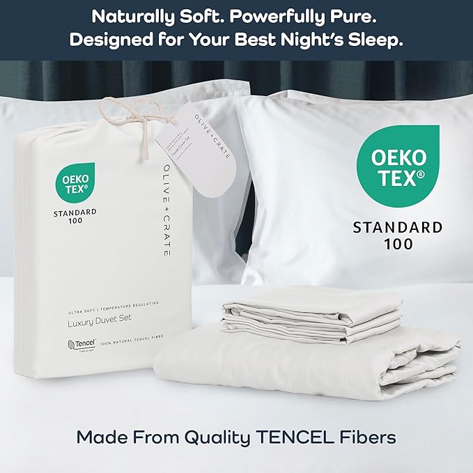 Olive + Crate Tencel Eucalyptus Cooling Duvet Cover Set, Hypoallergenic, Lyocell Tencel Duvet Cover, Temperature Regulating with Hidden Button Closure & Corner Ties - California King [White Snow]