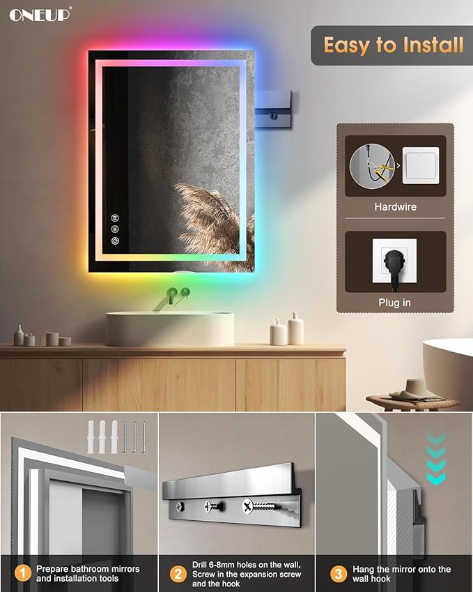 oneup 24x32'' RGB Bathroom Mirror with Lights,RGB Color Changing LED Bathroom Mirror for Wall,Lighted Vanity Mirrors,Dimmable,Anti-Fog,IP54 Waterproof