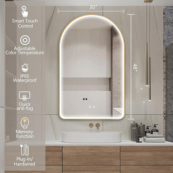 Niccy Arched LED Bathroom Mirror, 48"x30" Gold Framed Arch Wall Lighted Mirrors, Arching Frontlit Vanity-Mirror with Memory Function for Bathroom Bedroom, Defogger and 3 Color, Explosion-Proof