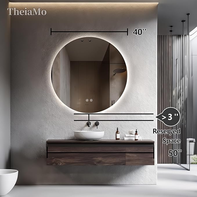 Round LED Mirror for Bathroom, 40" Circle Frameless Backlit Mirror with Lights, Wall Mounted Vanity Mirror, 3 Colors, Dimmable, Anti-Fog, IP65 Waterproof, Memory Function, UL Listed