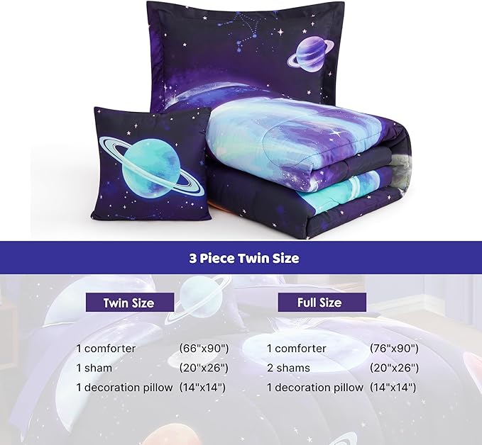 Twin Comforter Set for Boys-3 Pieces Navy Blue Space Rocket Twin Bedding Sets for Kids, 1 Comforter, 1 Sham and 1 Decor Pillow