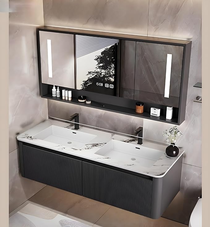 Bathroom Vanity Cabinet, 68" Bathroom Vanity with Sink & Intelligent Defog LED Mirror, Solid Wood Float Vanities, Wall-Mount Bathroom Cabinet with Drawer, Undermount Double Sink, Faucet, Drain(Black)